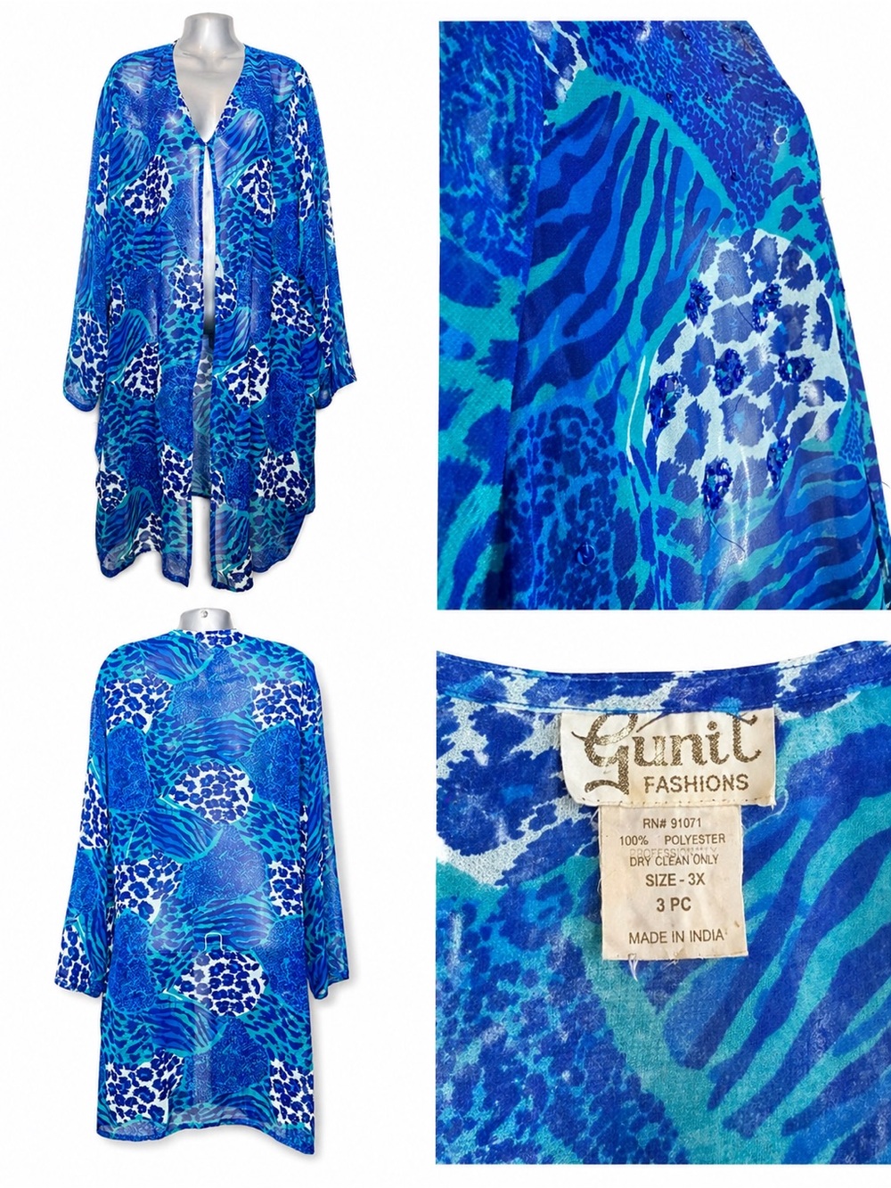 Vintage Blue Animal Print Kimono Duster 3X‎ Sheer Beaded Cover Up Boho Resort